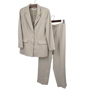 Kasper Women's Size 14 Suit Set 32x36 Pants Pinstripe‎ Blazer Beige Jacket